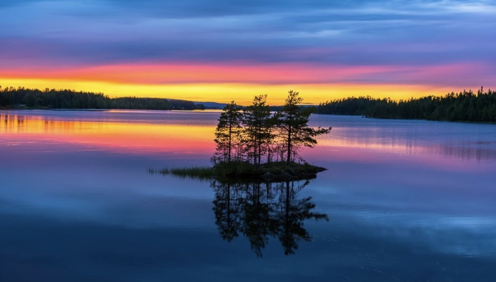 En liten holme med träd mitt i en stilla sjö i skymningen, med blå och rosa himmel speglad i vattnet.
